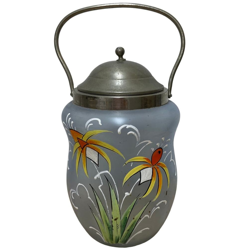 Vintage Grey Frosted Biscuit Jar Silver Plated Lid Hand Painted Good Condition